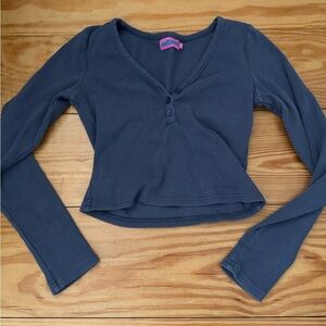 Edikted Navy Ribbed V-Neck Button Crop Long Sleeve Top